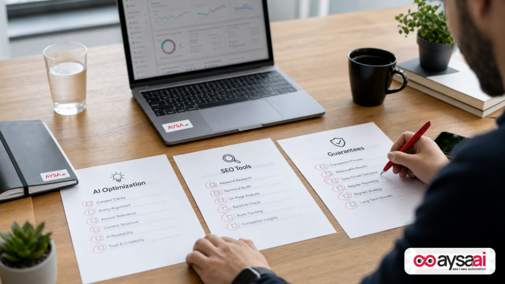 Desk scene showing three documents labeled AI Optimization, SEO Tools, and Guarantees.
