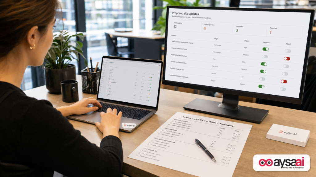 Desk setup showing a generic approval workflow for proposed website updates.