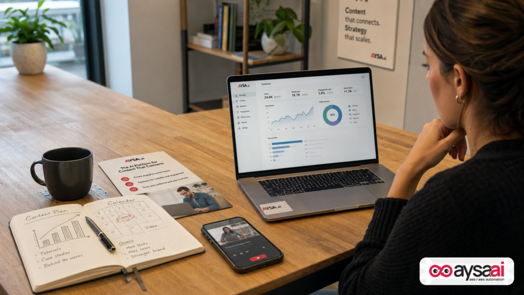 Desk setup showing a simple plan to monitor video launches alongside website analytics.
