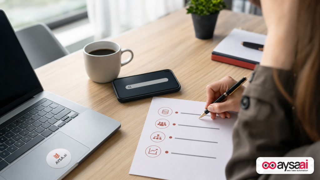 Desk setup showing a structured checklist for AI search visibility and monitoring next to a laptop.