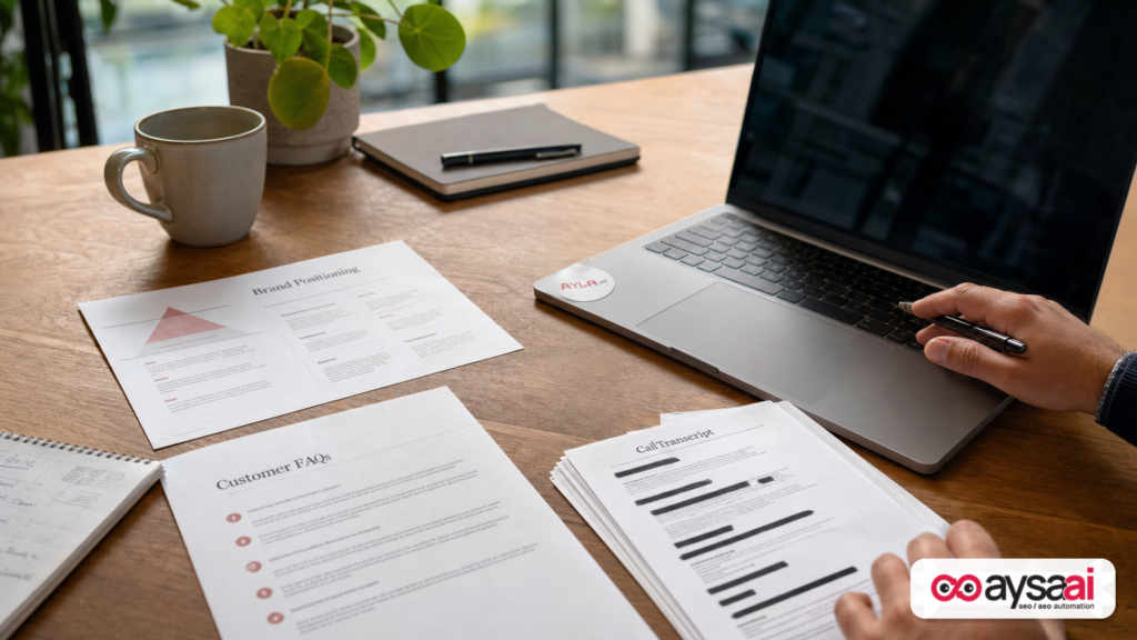 Desk setup showing brand positioning documents and anonymized customer transcripts used as a knowledge base.
