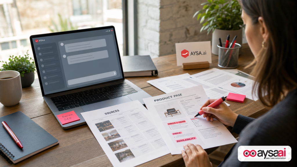 Desk setup showing sources and product page notes used to influence AI recommendations.