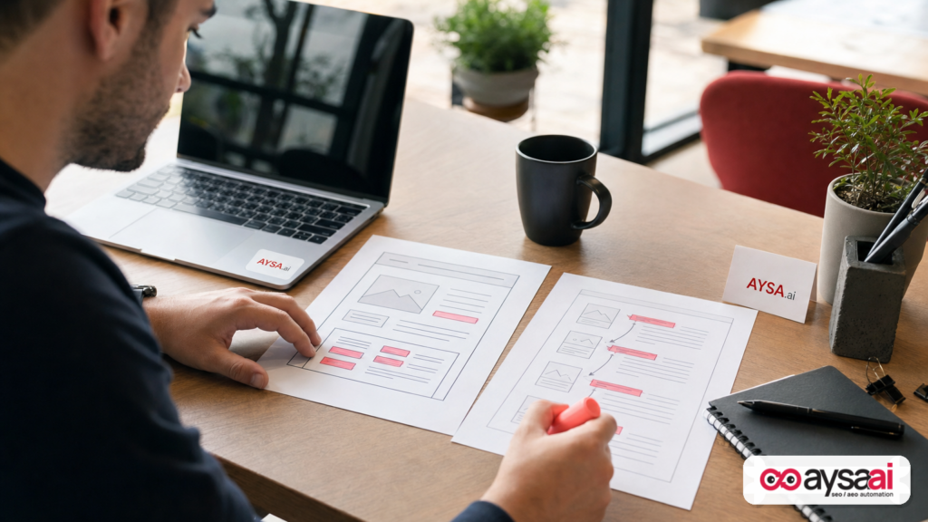 Desk view showing two content layouts emphasizing passage-level answer blocks for AI retrieval versus traditional page-first SEO.