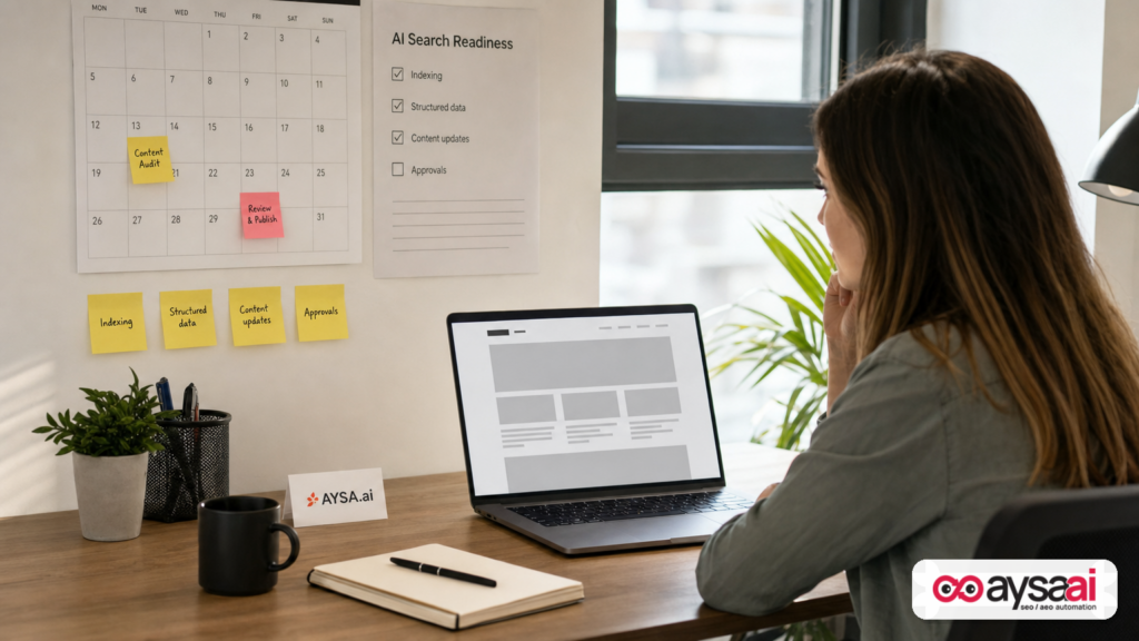Desk with checklist and sticky notes about AI search readiness and technical SEO tasks