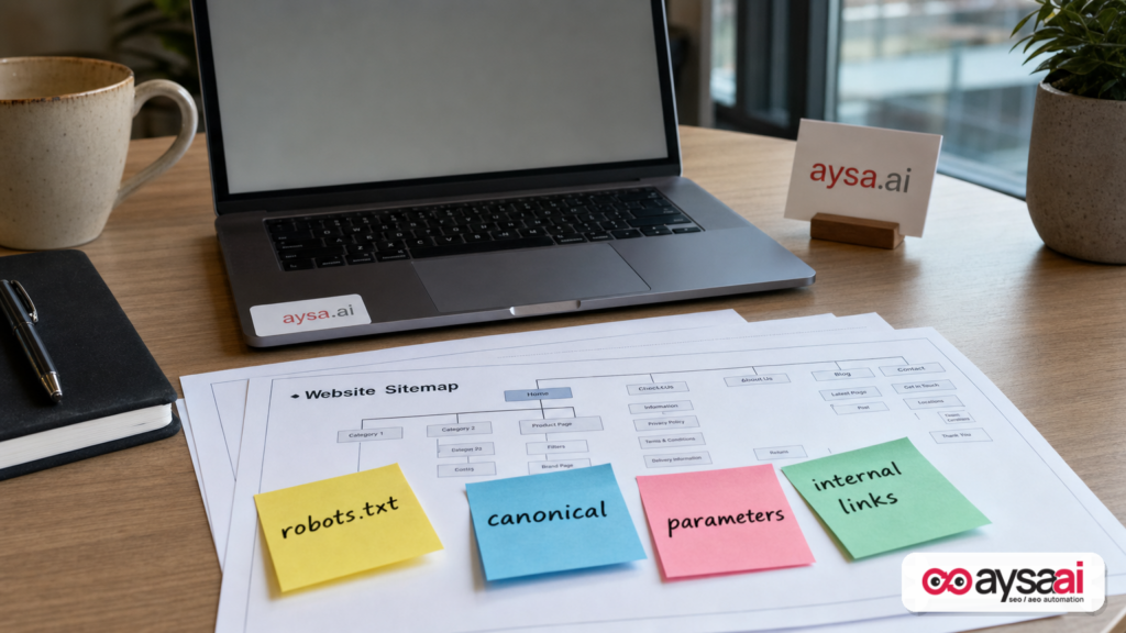 Desk with notes about robots.txt, canonical tags, URL parameters, and internal links next to a laptop.