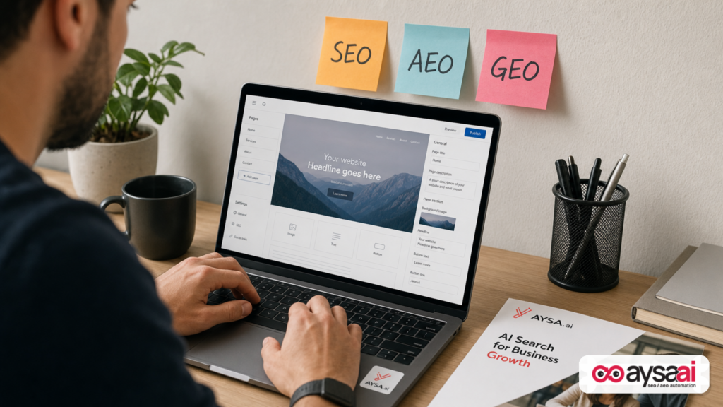 Desk with notes representing SEO, AEO, and GEO next to a laptop used for website improvements.