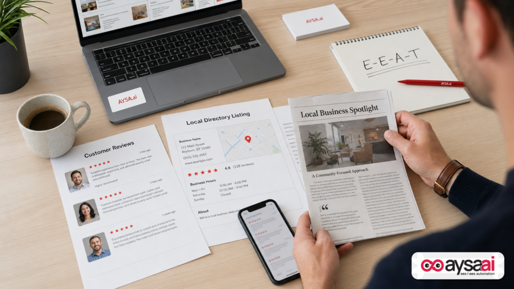 Desk with reviews, directory listing printouts, and press clippings representing trust signals for AI search.