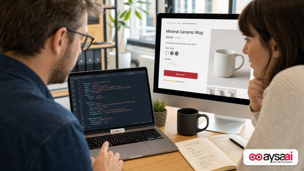 Developer and marketer reviewing structured data snippets alongside a webpage mockup.