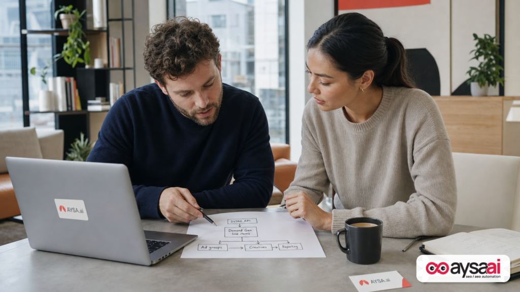 Developer and paid media manager review a simple sketch showing Demand Gen campaign objects added to DV360 API workflows.