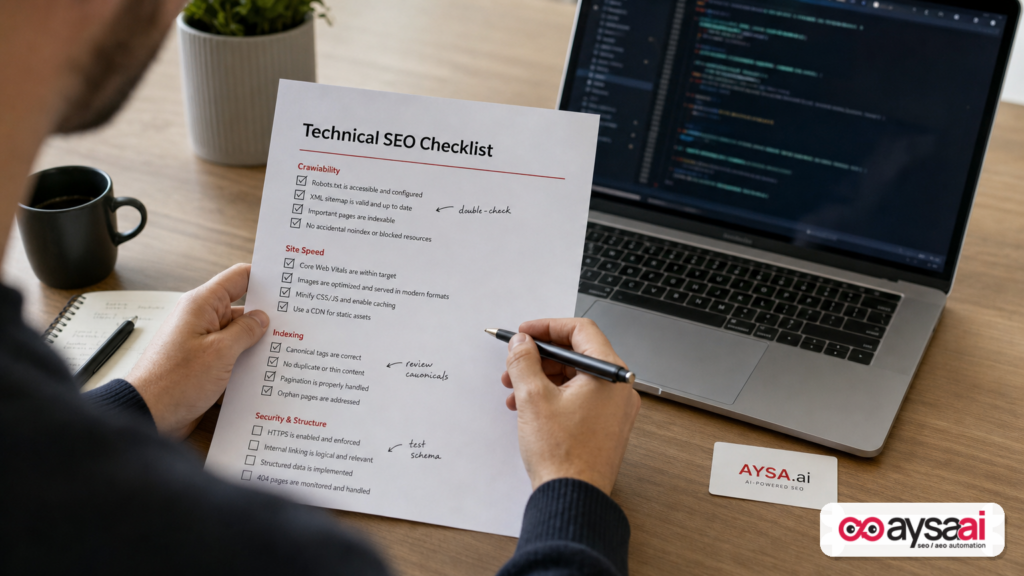 Developer reviewing a technical SEO checklist for crawling and indexing.