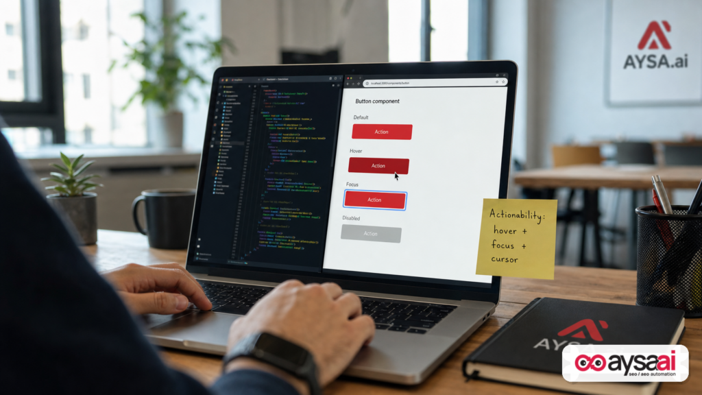 Developer validating button hover and focus states to improve actionability for users and agents