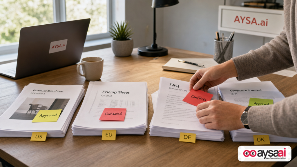 Documents from multiple markets labeled and flagged for conflicts and outdated content.