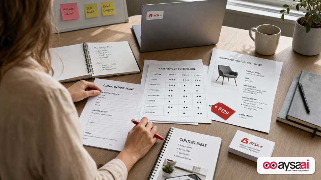 Documents representing healthcare, B2B software, and ecommerce content requirements for AI search prompts.