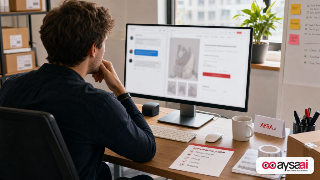 Ecommerce founder reviewing drafts for support chat and product page before publishing