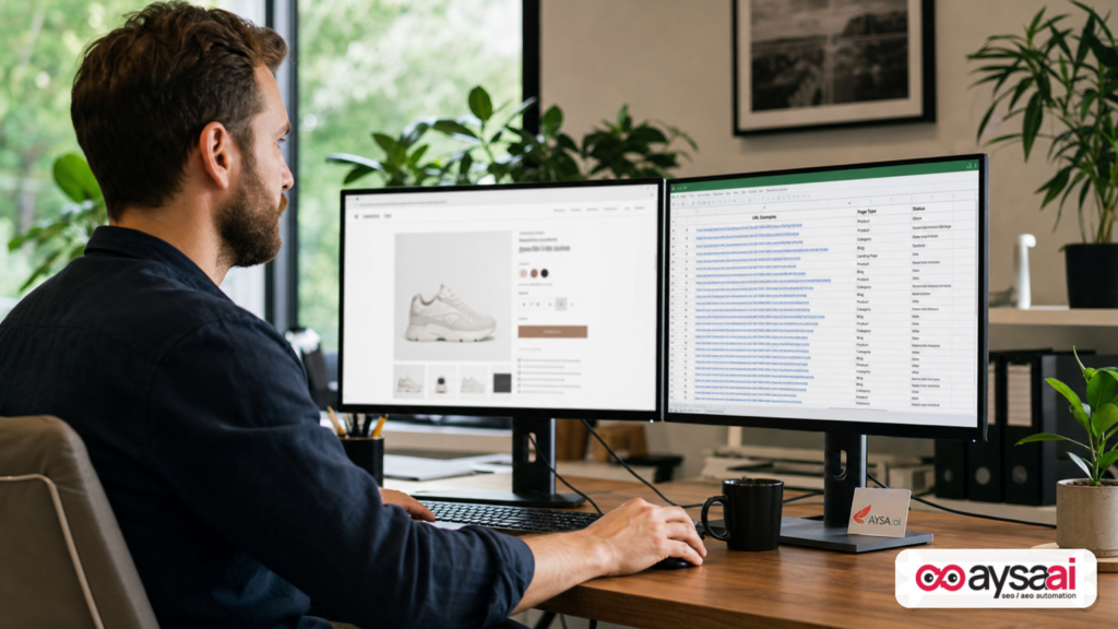 Ecommerce manager reviewing parameterized URLs on screens in a bright office.