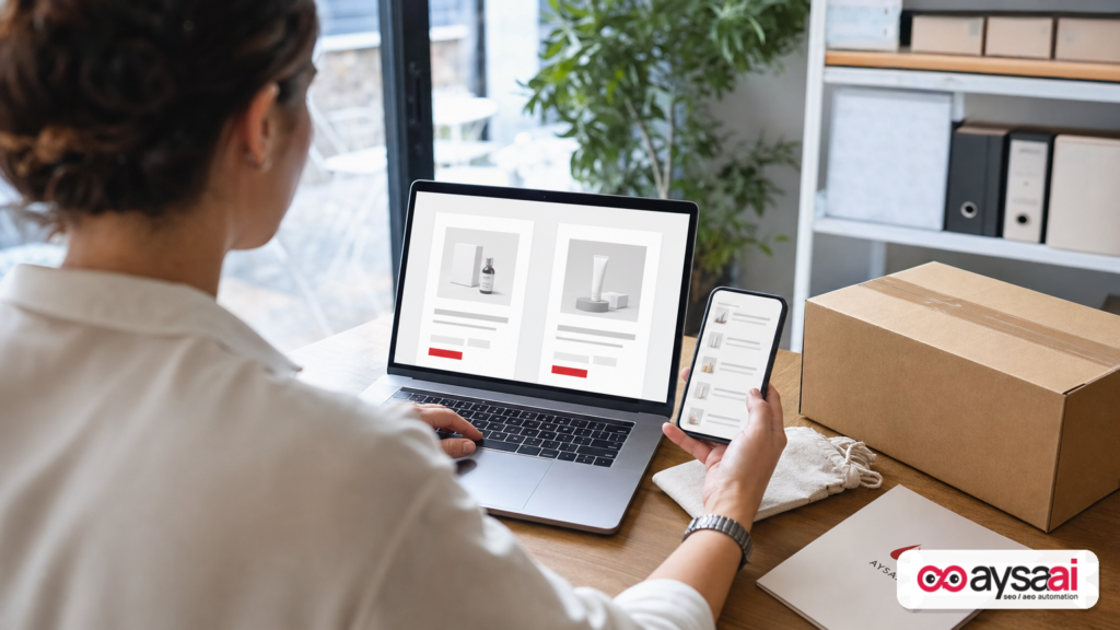 Ecommerce operator reviewing product visibility on phone and laptop.