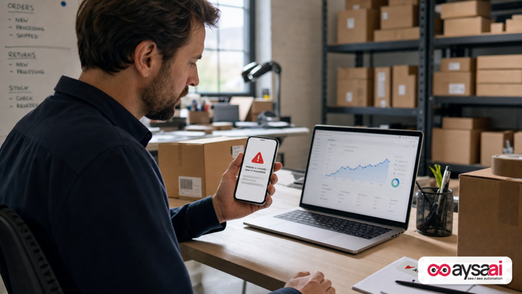Ecommerce owner comparing rising analytics with a site performance alert.