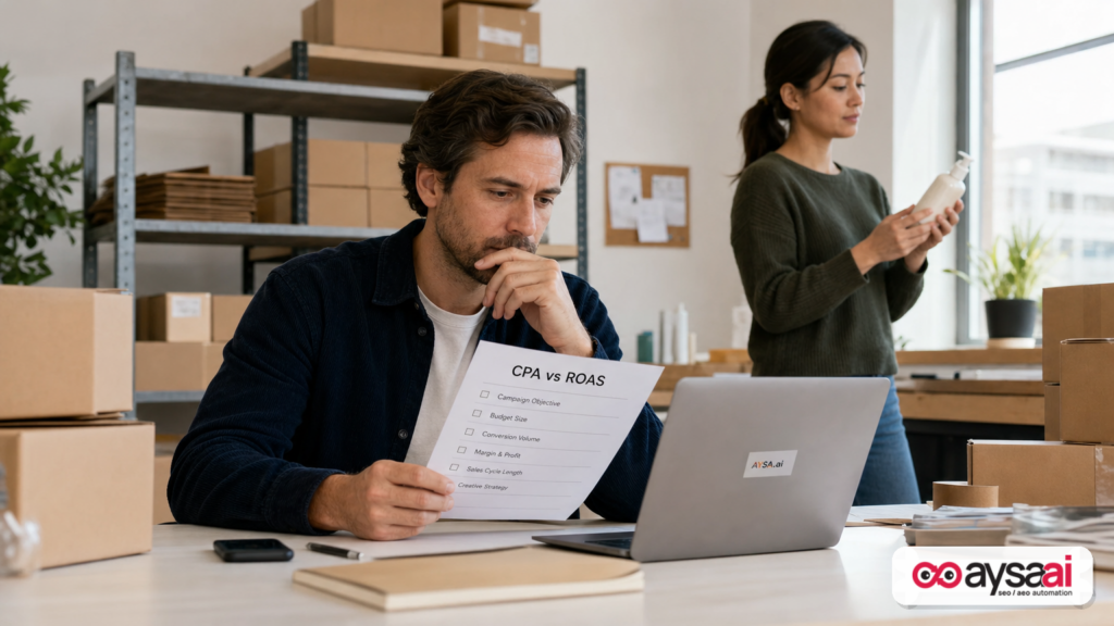 Ecommerce owner reviewing a CPA versus ROAS checklist in a warehouse setting.