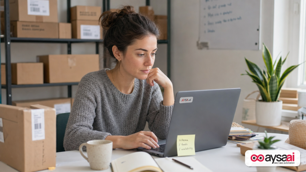 Ecommerce owner reviewing product data quality on a laptop in a small warehouse office.