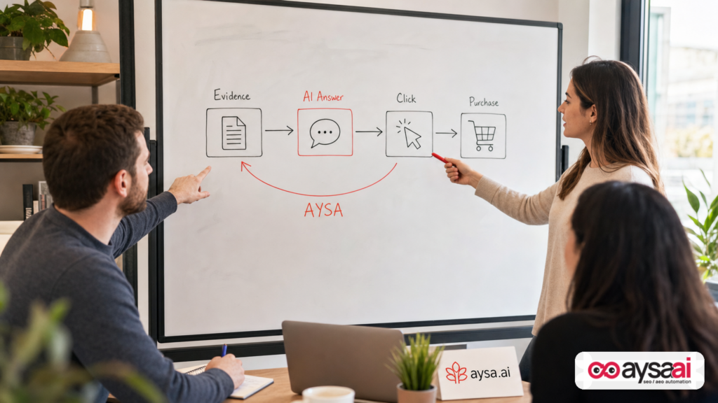 Ecommerce team mapping evidence, AI answers, clicks, and purchases on a whiteboard.