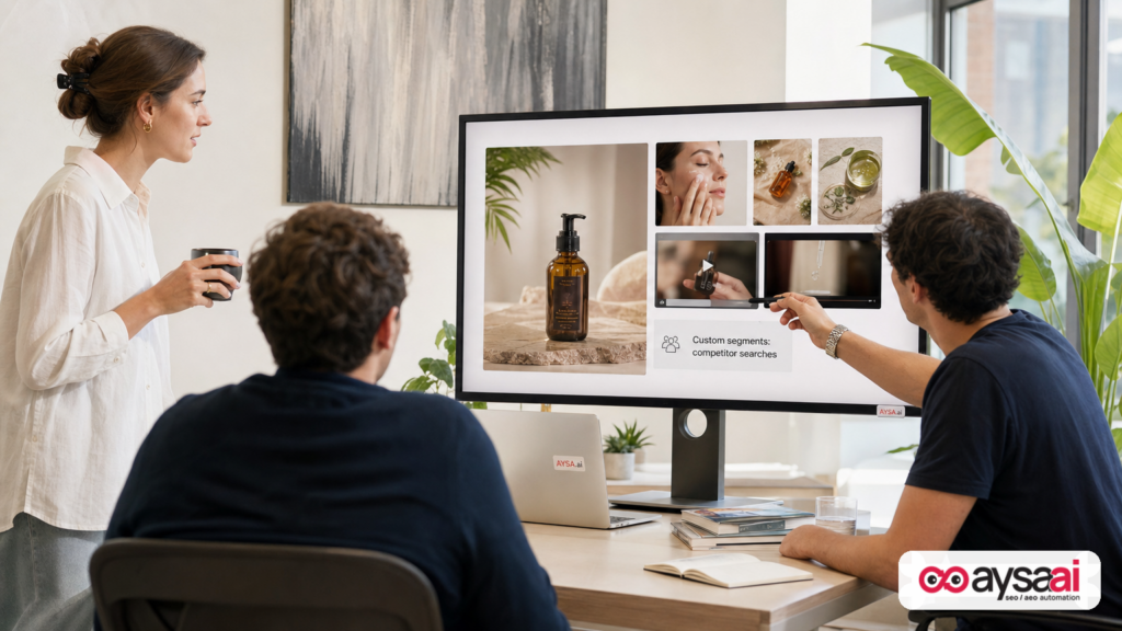 Ecommerce team planning Demand Gen creative and custom audiences for competitor-aware targeting.