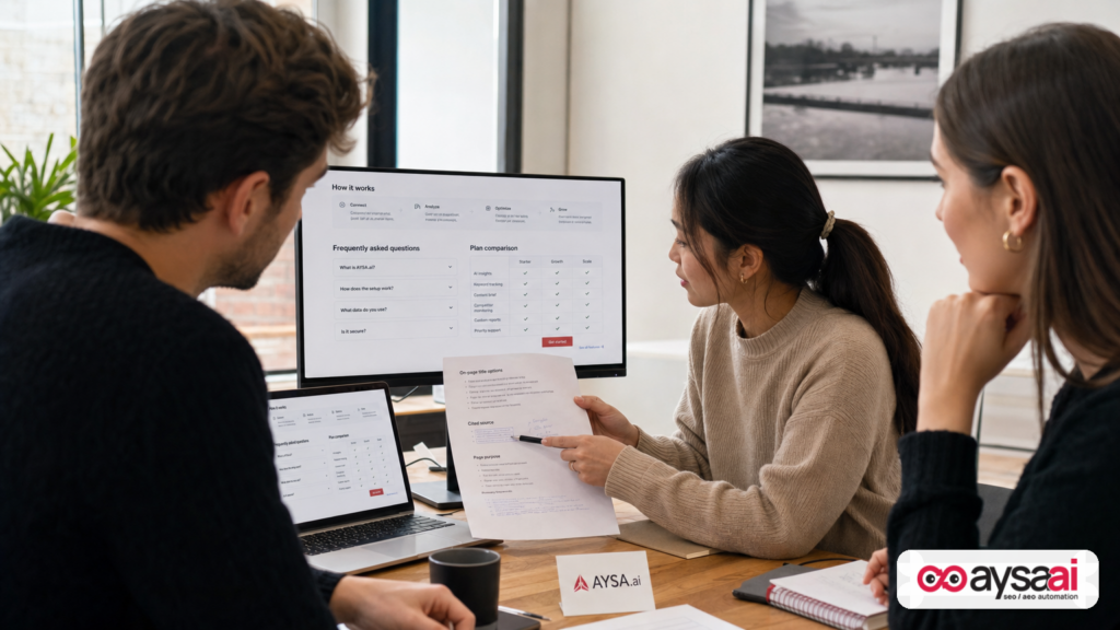 Ecommerce team reviewing a structured page designed to be easy for AI to cite.