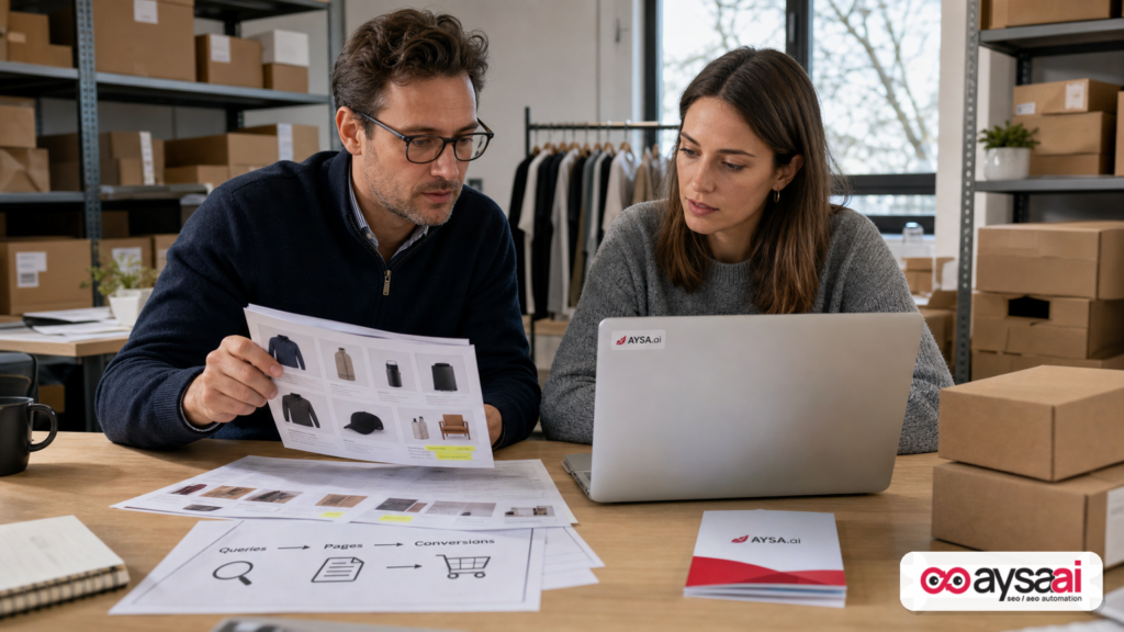 Ecommerce team reviewing product categories and a simple funnel diagram linking searches to landing pages and conversions.
