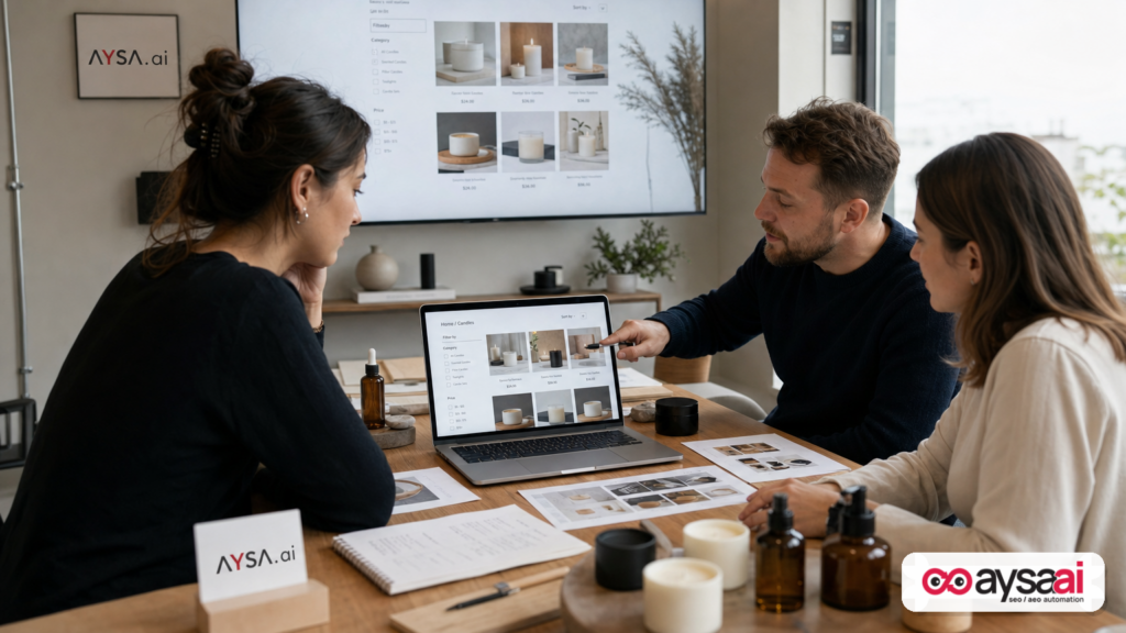 Ecommerce team reviewing product page improvements for AI search visibility