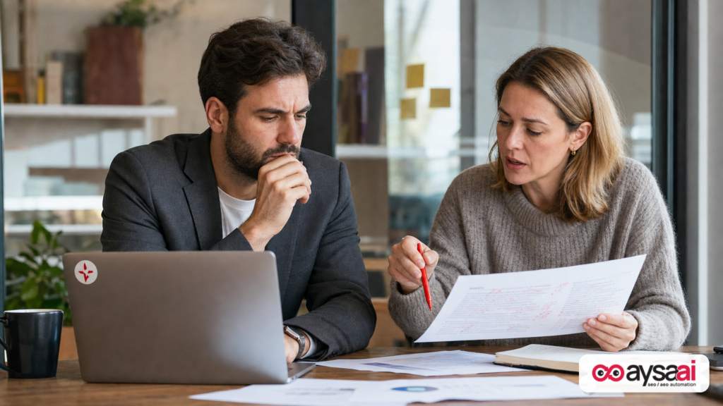 Editor and content manager comparing an article draft with a spreadsheet during a content scaling discussion.