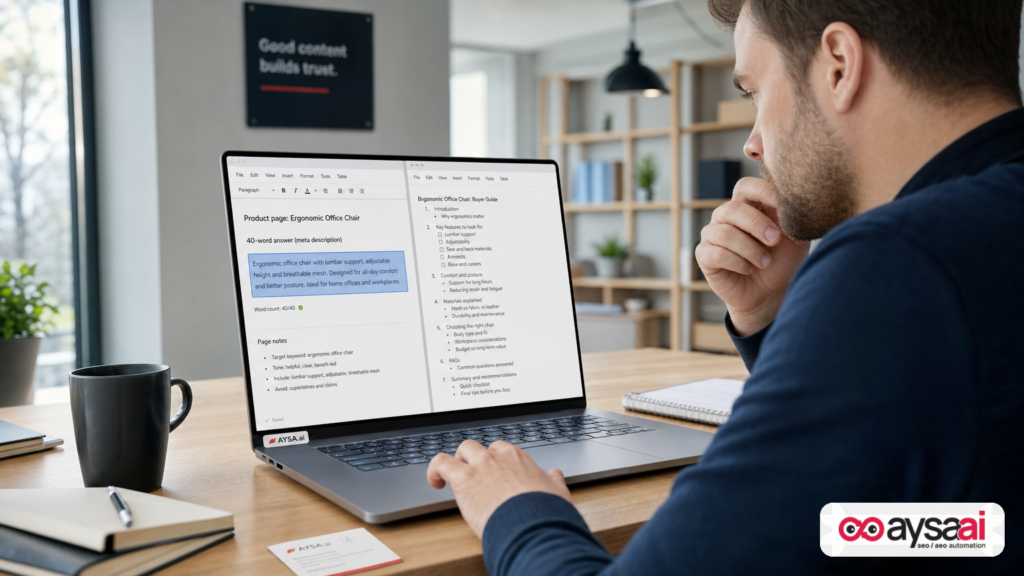 Editor comparing a short answer paragraph to a deeper guide outline on a laptop.