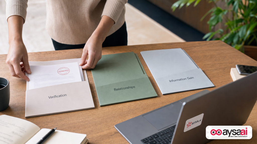 Folders labeled verification, relationships, and information gain next to a laptop.