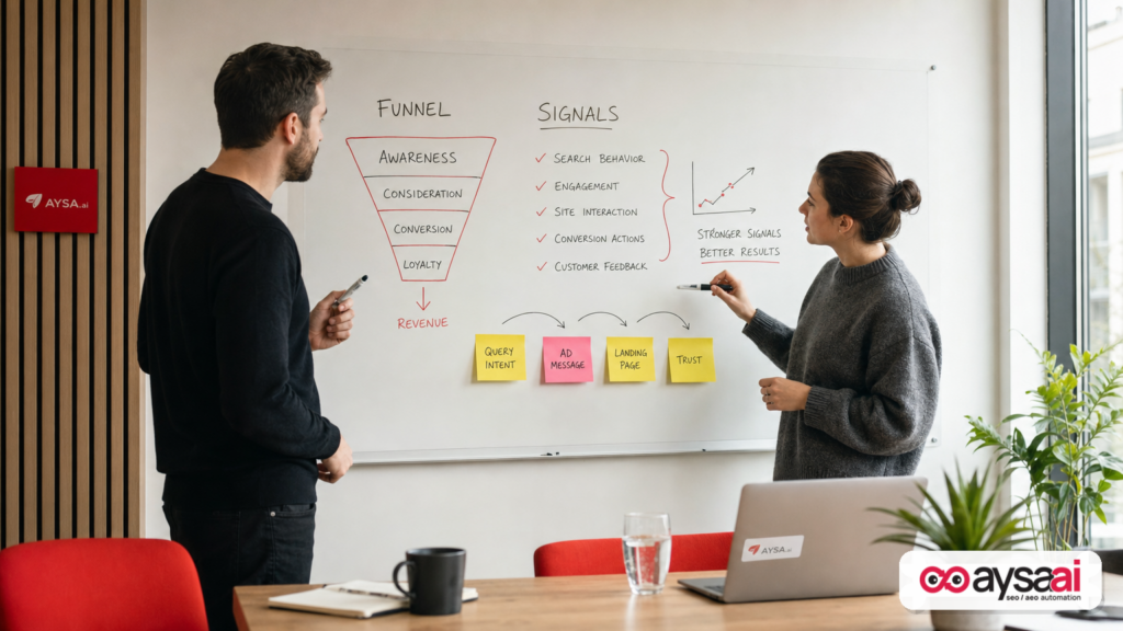 Founder and PPC specialist mapping relevance signals on a whiteboard.