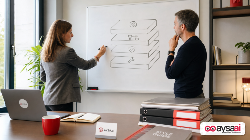 Founder and SEO lead mapping a four-layer AI operations system on a whiteboard.
