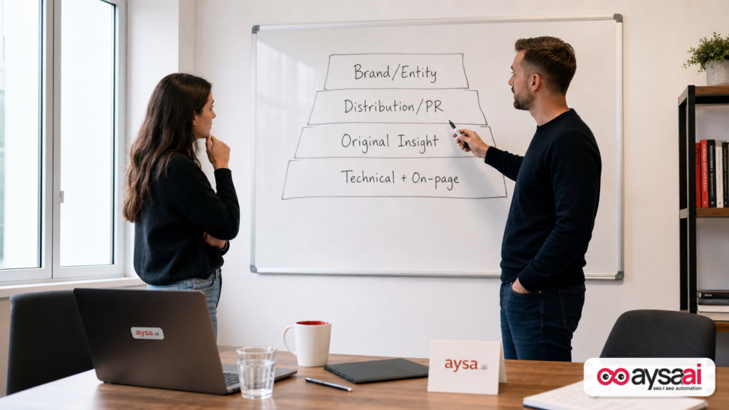 Founder and SEO lead mapping a layered SEO strategy that prioritizes brand, distribution, and original insight above technical basics.