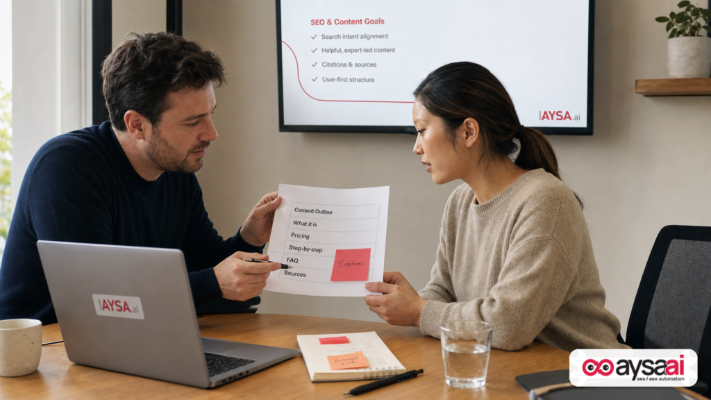 Founder and SEO lead reviewing a structured content outline designed for AI citations.
