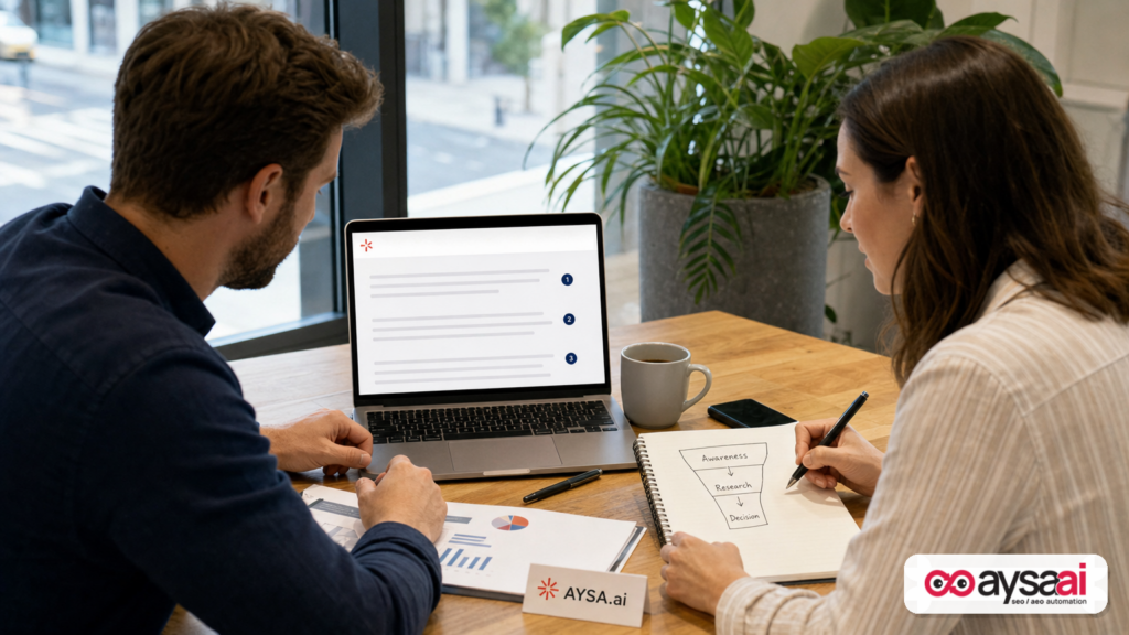 Founder and analyst reviewing an AI-style answer with citations while mapping a customer research funnel.