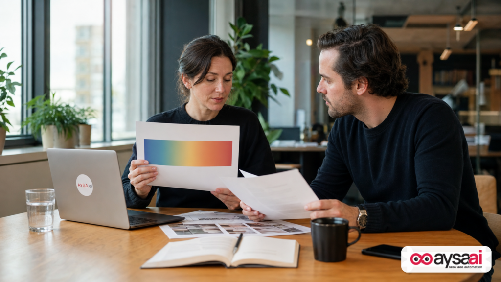 Founder and compliance lead reviewing campaign messaging for sensitive categories