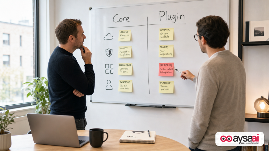 Founder and developer comparing core versus plugin decisions on a whiteboard.