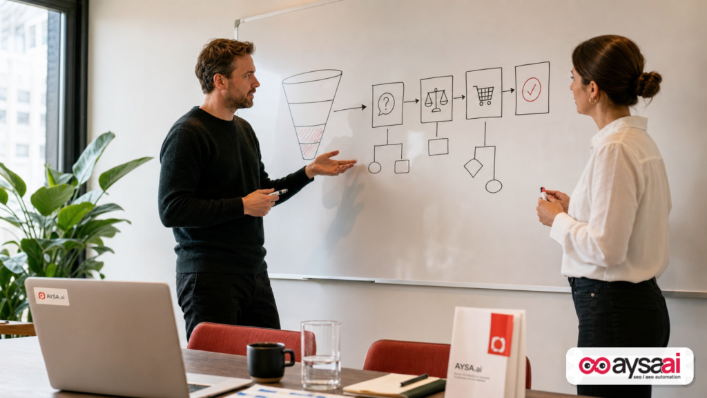 Founder and marketer mapping a conversational shopping journey on a whiteboard.