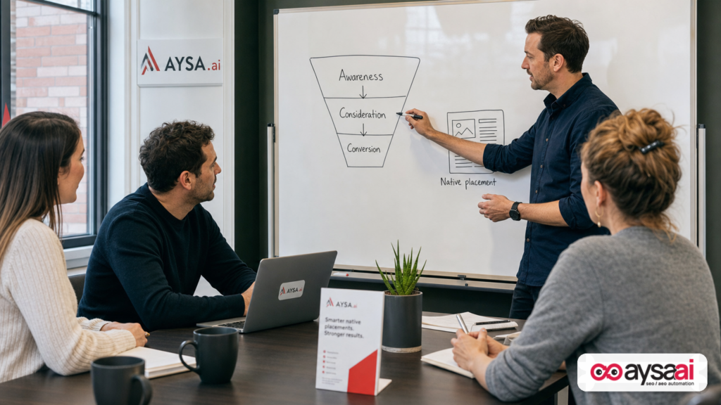 Founder and marketer mapping a full-funnel plan with awareness and conversion stages