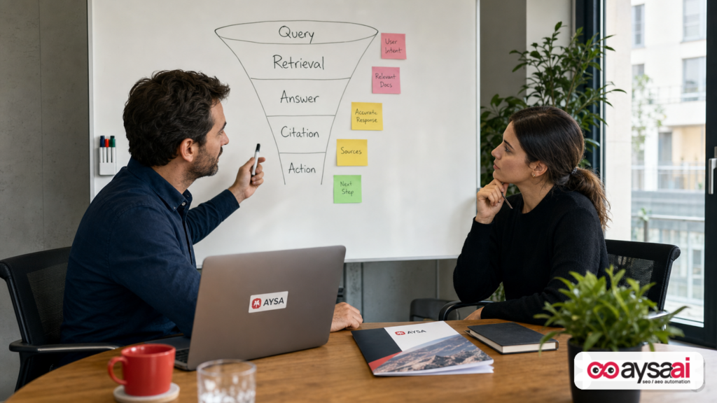 Founder and marketer mapping how AI search retrieves and cites brand information on a whiteboard.
