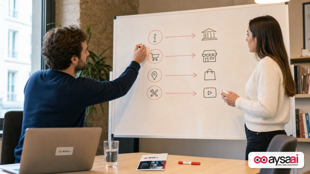 Founder and marketer mapping search intent to the right type of webpage destination on a whiteboard.