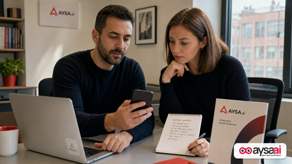 Founder and marketer reviewing AI-style search answers and customer questions in a small office.
