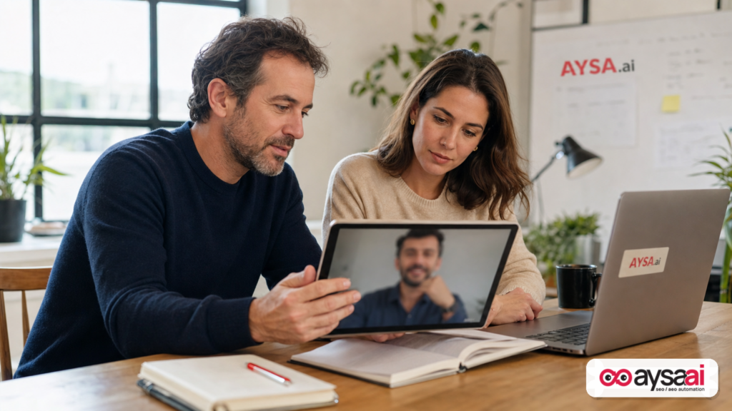 Founder and marketer reviewing B2B lead quality notes with a salesperson joining remotely.