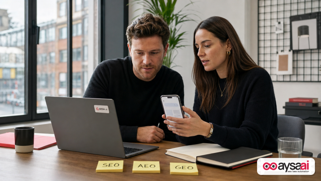 Founder and marketer reviewing search and AI answer surfaces on laptop and phone with notes labeled SEO, AEO, GEO.
