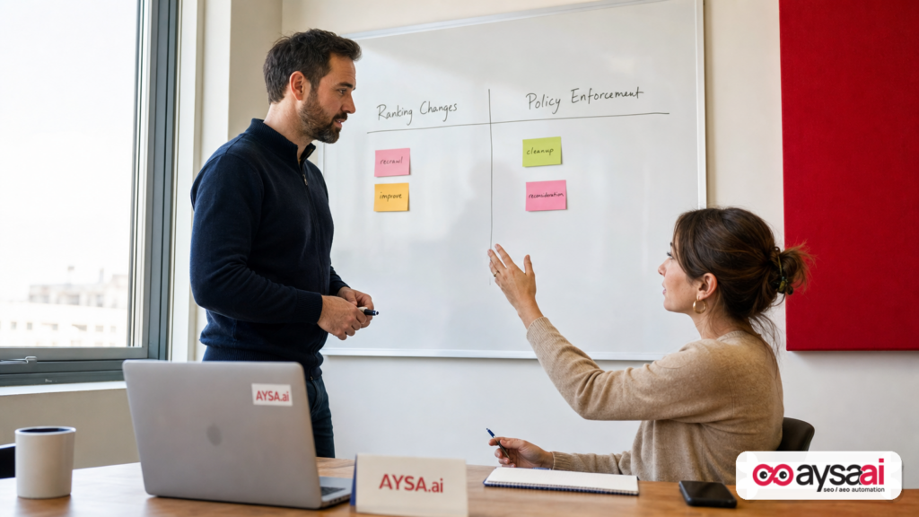 Founder and marketing manager comparing ranking changes vs policy enforcement on a whiteboard