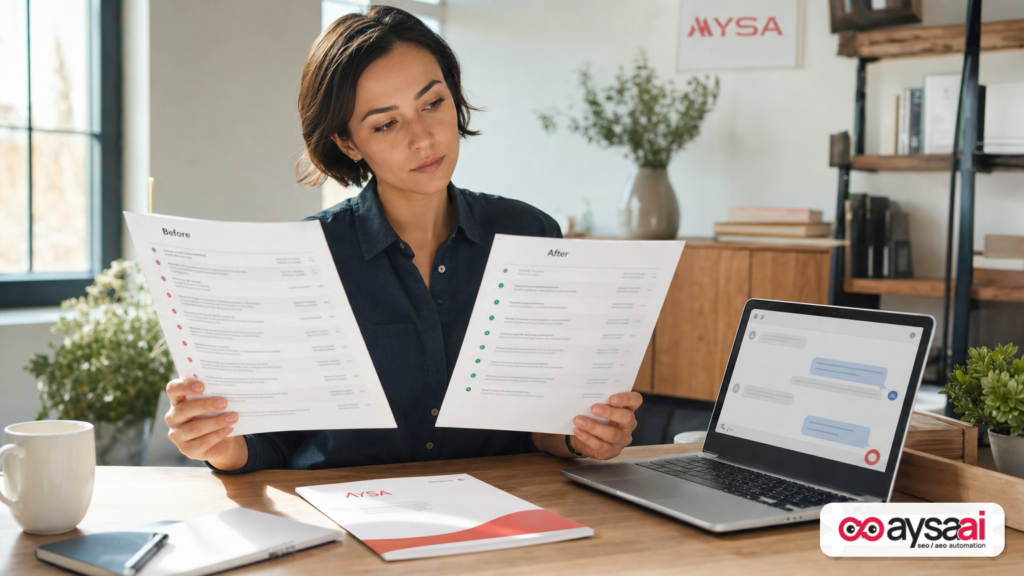Founder comparing earlier and improved AI health answer drafts on a desk