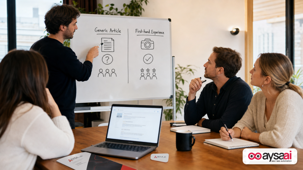 Founder comparing generic content versus first-hand experience answers on a whiteboard during an SEO planning session