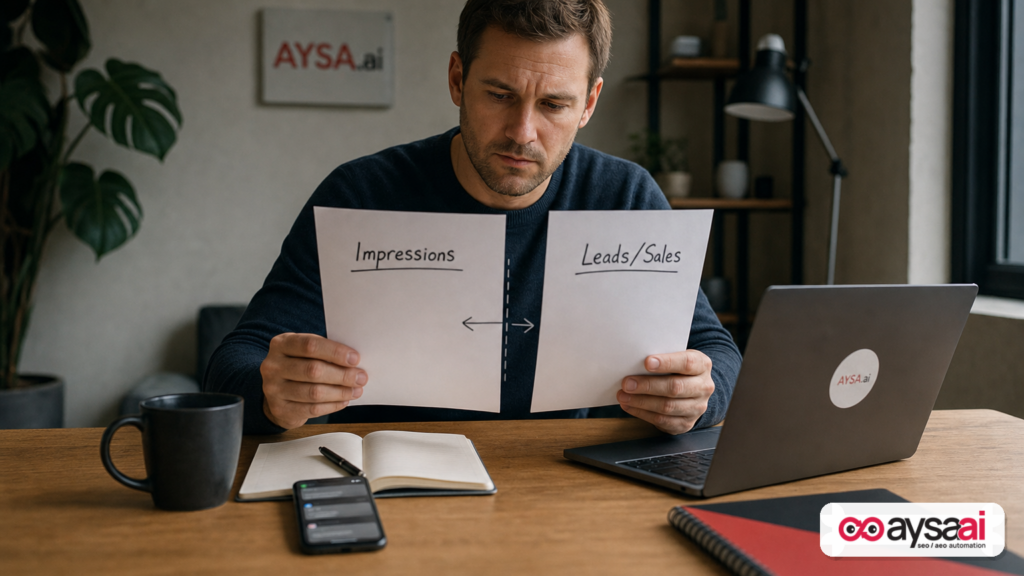 Founder comparing impressions to leads and sales, highlighting the measurement gap.