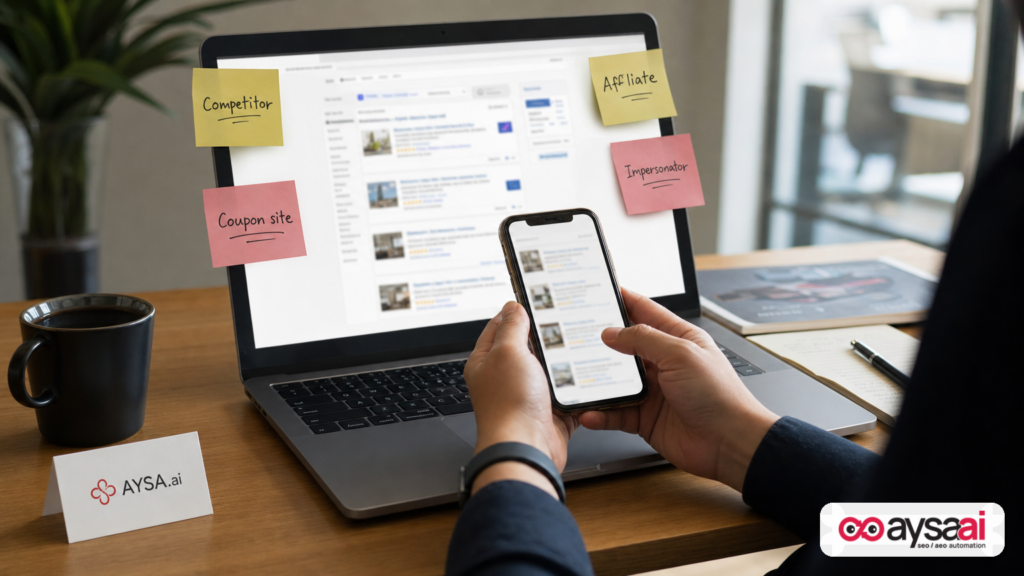 Founder comparing mobile and desktop search results with notes labeling different advertiser types.